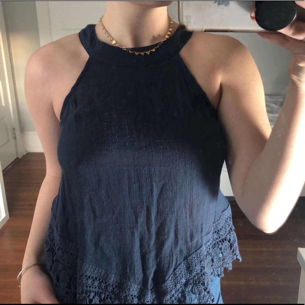 NAVY BLUE FLOWY HALTER TOP W/ LACE BOTTOM